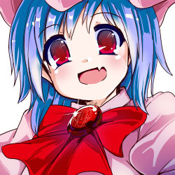 Rule 34 | 1girl, bad id, bad pixiv id, blue hair, brooch, fa no hito, fang, hat, jewelry, mob cap, open mouth, red eyes, remilia scarlet, solo, touhou, upper body, white background