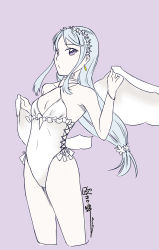Rule 34 | 1girl, anon., asymmetrical bangs, breasts, casual one-piece swimsuit, cowboy shot, cropped legs, flower, frilled swimsuit, frills, grey background, grey hair, hair flower, hair ornament, hairband, highleg, highleg swimsuit, kantai collection, long hair, low-tied long hair, official alternate costume, one-piece swimsuit, purple eyes, sagiri (kancolle), shawl, side-tie swimsuit, simple background, small breasts, solo, standing, swept bangs, swimsuit, white one-piece swimsuit, white shawl