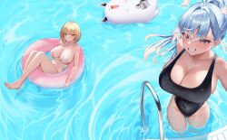 3girls absurdres alternate_breast_size animal_ear_fluff animal_ears bare_arms bare_legs bare_shoulders bikini black_one-piece_swimsuit blonde_hair blue_eyes blue_hair blush breasts bursting_breasts caustics cleavage commentary covered_navel english_commentary feet fetal_position handrail highres holoh3roes hololive hololive_indonesia innertube kaela_kovalskia kobo_kanaeru large_breasts leon_decarabia looking_at_viewer lying multicolored_hair multiple_girls on_back one-piece_swimsuit open_mouth pink_innertube pool red_eyes ripples school_swimsuit sideboob smile standing sukonbu_(shirakami_fubuki) swim_ring swimsuit thighs vestia_zeta virtual_youtuber water water_drop white_bikini white_hair