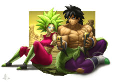 Rule 34 | 1boy, 1girl, abs, ass, black eyes, black hair, blonde hair, blue eyes, boots, breasts, broly (dragon ball super), desert, dragon ball, dragon ball super, earrings, elite nappa, extended arm, food, highres, horn ornament, horns, jewelry, kefla (dragon ball), kneeling, large breasts, leggings, looking at another, mountain, muscular, muscular female, muscular male, nails, on floor, pants, pink pants, potara earrings, purple pants, rock, saiyan, scar, scar on chest, scar on face, sharing food, skirt, spiked hair, sportswear, spread legs