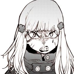 Rule 34 | 1girl, angry, clenched teeth, girls&#039; frontline, greyscale, hair ornament, halftone, highres, hk416 (girls&#039; frontline), long hair, looking at viewer, monochrome, portrait, scowl, simple background, solo, ssambatea, teeth, white background