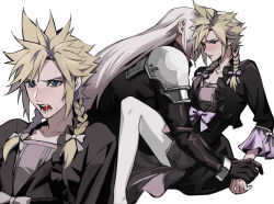 Rule 34 | 2boys, armor, black dress, black gloves, black jacket, blonde hair, blue eyes, blush, bow, braid, cloud strife, cloud strife (black dress), crossdressing, dress, feet out of frame, final fantasy, final fantasy vii, final fantasy vii remake, frilled sleeves, frills, gloves, grey hair, hair bow, holding another&#039;s wrist, jacket, long hair, long sleeves, male focus, multiple boys, official alternate costume, open mouth, pantyhose, saliva, sephiroth, shoulder armor, spiked hair, square enix, sweat, twin braids, upper body, wall market, white background, white pantyhose, yijiao