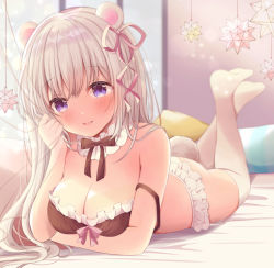 Rule 34 | 1girl, animal ears, arm under breasts, bare shoulders, black bow, black bowtie, black bra, blush, bow, bowtie, bra, breasts, cleavage, collar, commentary request, feet up, frilled bra, frilled panties, frills, garter straps, hair ribbon, indoors, long hair, looking at viewer, lying, medium breasts, no shoes, on bed, on stomach, original, panties, pillow, pink ribbon, purple eyes, ribbon, sakura (ichisakupink), smile, solo, strap slip, tail, the pose, thighhighs, underwear, white collar, white hair, white panties, white thighhighs