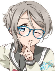 Rule 34 | 10s, 1girl, ;o, bespectacled, blue-framed eyewear, blush, brown hair, glasses, grey sailor collar, index finger raised, long sleeves, looking at viewer, love live!, love live! sunshine!!, one eye closed, open mouth, sailor collar, school uniform, short hair, signature, simple background, solo, swept bangs, takeya yuuki, upper body, uranohoshi school uniform, watanabe you, white background