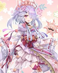 Rule 34 | 1girl, airy production, bare shoulders, bell, bow, facial hair, floral background, floral print, frilled sleeves, frills, hair ornament, hair over one eye, hair rings, hairclip, headdress, high ponytail, highres, japanese clothes, mustache, official art, pom pom (clothes), purple hair, red bow, red eyes, red ribbon, ribbon, ribbon-trimmed sleeves, ribbon trim, solo, sun, tenpi terasu, thighhighs, torino aqua, virtual youtuber, white thighhighs