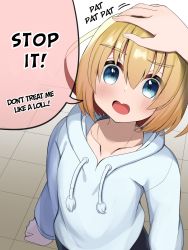 Rule 34 | 1boy, 1other, age difference, blonde hair, blue eyes, blue sweater, child, commentary, eyebrows, fuwaja iru, hard-translated, headpat, highres, indoors, looking at viewer, looking up, male focus, open mouth, original, solo focus, sweater, third-party edit, third-party source, trap