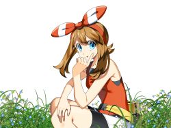 Rule 34 | 1girl, bike shorts, black shorts, blue eyes, blue flower, bow, bow hairband, breasts, brown hair, creatures (company), flower, game freak, hair between eyes, hair bow, hairband, highres, index finger raised, long hair, looking at viewer, may (pokemon), nintendo, open mouth, pokemon, pokemon oras, red bow, red hairband, red shirt, shirt, short shorts, shorts, shorts under shorts, simple background, sleeveless, sleeveless shirt, small breasts, solo, squatting, striped, striped bow, twintails, white background, white shorts, yuihico