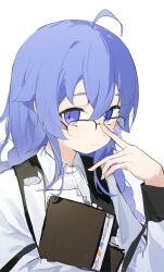 Rule 34 | 1girl, absurdres, adjusting eyewear, ahoge, blue eyes, blue hair, bookmark, braid, closed mouth, collar, collared shirt, eris kissaten, flat chest, from side, glasses, hair between eyes, highres, holding, holding notebook, long bangs, long hair, looking at viewer, mushoku tensei, notebook, rolled up paper, roxy migurdia, shirt, solo, twin braids, upper body, white collar, white shirt