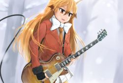 Rule 34 | 10s, 1girl, absurdres, animal ears, bad id, bad pixiv id, black gloves, blazer, blonde hair, bow, bowtie, brown eyes, brown hair, electric guitar, ezo red fox (kemono friends), fang, fingerless gloves, fox ears, fur trim, gibson les paul, gloves, guitar, hair between eyes, highres, holding, holding instrument, instrument, jacket, kemono friends, long hair, long sleeves, miyako (miyako lplover), multicolored hair, music, necktie, orange necktie, parted lips, playing instrument, pleated skirt, plectrum, skirt, snow, solo, sweatdrop, two-tone hair, white bow, white bowtie, white skirt, wire