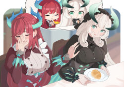 2girls apron blush bread breasts breath_weapon breathing_fire buttons chamber_dragonmaid chibi closed_eyes commission dragon_girl dragon_horns dragon_wings duel_monster embarrassed feathered_wings fire food frilled_apron frills green_eyes hand_on_own_face heichi highres holding holding_food holding_plate horns kitchen_dragonmaid large_breasts long_hair long_sleeves looking_at_another maid maid_headdress multiple_girls necktie open_mouth parted_lips plate puffy_sleeves red_hair sitting smile surprised upper_body white_apron white_hair wings yu-gi-oh!