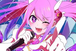 Rule 34 | 1girl, aisha landar, blush, elsword, gloves, hair ornament, holding, holding microphone, idol, magical girl, metamorphy (elsword), microphone, multicolored hair, multicolored shirt, one eye closed, open mouth, oshi no ko, pink hair, pointing, pointing at viewer, purple eyes, purple hair, purple shirt, scene reference, shirt, sinoring, smile, solo, star-shaped pupils, star (symbol), symbol-shaped pupils, twintails, white gloves, white shirt