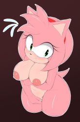 Rule 34 | 1girl, 2022, amy rose, animal ears, arm under breasts, blush, breasts, completely nude, covering crotch, covering privates, embarrassed, ephemilie, eulipotyphlan, eyelashes, female focus, frown, fur, furry, green eyes, headband, hedgehog, highres, looking away, midriff, nipples, no humans, nude, partially visible vulva, pink fur, pink hair, pussy, red headband, sega, short hair, short tail, simple background, sinrizuki, solo, sonic (series), tail, thick thighs, thighs, wavy mouth, wide hips