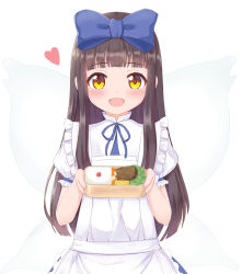 Rule 34 | 1girl, :d, alternate costume, apron, blue bow, blunt bangs, blush, bow, box, brown hair, commentary request, enmaided, fairy wings, food, frills, hair bow, hands up, happy, heart, holding, holding box, holding food, long hair, looking at viewer, maid, open mouth, p.w., puffy short sleeves, puffy sleeves, rice, short sleeves, sidelocks, simple background, smile, solo, star (symbol), star print, star sapphire, straight-on, touhou, upper body, very long hair, white apron, white background, wings, yellow eyes