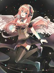 Rule 34 | 1girl, angel wings, blue eyes, headphones, linch, long hair, megurine luka, megurine luka (vocaloid4), open mouth, pink hair, solo, thighhighs, vocaloid, wings
