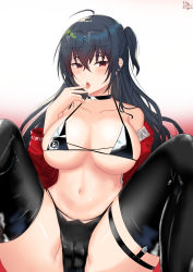 Rule 34 | 1girl, absurdres, ahoge, azur lane, bikini, black bikini, black choker, black hair, black thighhighs, blush, breasts, cameltoe, choker, cleavage, collarbone, commentary, elina (eri15), eyewear on head, glasses, gradient background, hair between eyes, hand to own mouth, highres, jacket, large breasts, long hair, looking at viewer, m legs, midriff, navel, off shoulder, official alternate costume, open clothes, open jacket, open mouth, race queen, red background, red eyes, red jacket, short sidetail, side ponytail, sideboob, simple background, skindentation, solo, spread legs, string bikini, swimsuit, taihou (azur lane), taihou (enraptured companion) (azur lane), thighhighs, thighs, tongue, tongue out, two-tone background, underboob, white background