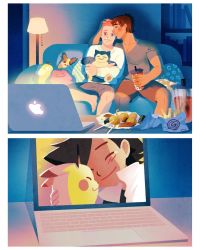 Rule 34 | 2boys, ash ketchum, barefoot, black hair, black shorts, blush, closed eyes, comforting, computer, couple, creatures (company), crying, crying with eyes open, cup, disposable cup, drinking straw, food, game freak, gaydio zrong, gen 1 pokemon, grey shirt, highres, holding, holding cup, holding stuffed toy, laptop, male focus, multiple boys, nintendo, hugging object, original, pikachu, pink hair, pokemon, psyduck, shirt, short hair, shorts, sitting, snorlax, streaming tears, stuffed animal, stuffed toy, tears, white shirt, yaoi