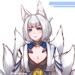 Rule 34 | 1girl, animal ears, azur lane, blue eyes, blunt bangs, breasts, bright pupils, cleavage, commentary, disco brando, eyeshadow, fox ears, fox tail, highres, japanese clothes, kaga (azur lane), kimono, large breasts, long sleeves, looking at viewer, makeup, multiple tails, parted lips, sash, short hair, simple background, slit pupils, solo, tail, twitter username, upper body, white background, white hair