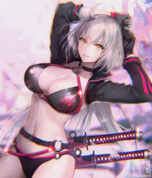 Rule 34 | 1girl, ahoge, arms behind head, arms up, belt, bikini, black bikini, black gloves, breasts, cleavage, collarbone, double vertical stripe, fate/grand order, fate (series), gloves, halterneck, jeanne d&#039;arc alter (swimsuit berserker) (fate), jeanne d&#039;arc (fate), jeanne d&#039;arc alter (fate), jeanne d&#039;arc alter (swimsuit berserker) (fate), large breasts, long hair, long sleeves, looking at viewer, military, military uniform, naval uniform, o-ring, o-ring bikini, orange eyes, pale skin, parted lips, sheath, sheathed, shrug (clothing), shrugging, shutsuri, silver hair, smile, solo, sparkle, swimsuit, sword, twitter username, uniform, v-shaped eyebrows, very long hair, weapon, weapon on back