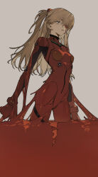 Rule 34 | 1girl, absurdres, ambiguous red liquid, blue eyes, bodysuit, breasts, cowboy shot, expressionless, eyepatch, grey background, hair over one eye, highres, interface headset, light brown hair, long bangs, long hair, looking ahead, neon genesis evangelion, parted bangs, parted lips, plugsuit, red bodysuit, slime (substance), small breasts, solo, souryuu asuka langley, standing, three quarter view, twintails, wading, zhibuji loom
