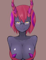 Rule 34 | 1girl, bare shoulders, blush, breasts, brown background, cleavage, colored skin, creatures (company), fukurou (owl222), game freak, gen 5 pokemon, glasses, grey skin, highres, horns, large breasts, monster girl, multicolored hair, nintendo, personification, pink hair, pokemon, purple hair, scolipede, short hair, simple background, slit pupils, smile, solo, standing, yellow eyes