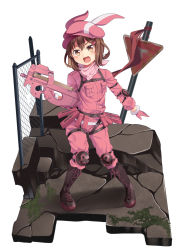 Rule 34 | 1girl, :d, animal ears, animal hat, bandana, blush, boots, breast pocket, brown eyes, brown footwear, brown hair, buckle, bullpup, chain-link fence, commentary request, cosplay, crack, cracked floor, cross-laced footwear, elbow pads, eyebrows hidden by hair, fang, fence, full body, fur-trimmed gloves, fur trim, gloves, gun, hair between eyes, hair ornament, hairclip, hat, highres, holding, holding gun, holding weapon, ikazuchi (kancolle), jacket, kantai collection, knee boots, knee pads, lace-up boots, llenn (sao), llenn (sao) (cosplay), long sleeves, looking at viewer, open mouth, p-chan (p90), p90, pants, personal defense weapon, pink bandana, pink gloves, pink hat, pink jacket, pink pants, pink scarf, pocket, rabbit ears, rabbit hat, road sign, scarf, short hair, sidelocks, sign, simple background, smile, snap-fit buckle, solo, standing, submachine gun, sword art online, sword art online alternative: gun gale online, weapon, white background, yasume yukito