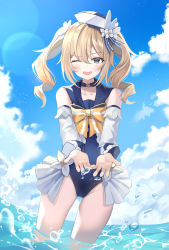 Rule 34 | 1girl, ;d, absurdres, barbara (genshin impact), barbara (summertime sparkle) (genshin impact), blonde hair, blue choker, blue eyes, blue sky, blush, choker, churi (oxxchurixxo), cloud, collarbone, day, detached sleeves, flower, genshin impact, hair between eyes, hat, highres, huge filesize, looking at viewer, official alternate costume, one-piece swimsuit, one eye closed, open mouth, partially submerged, short hair, sky, smile, solo, standing, swimsuit, teeth, thighs, twintails, upper teeth only, water, white hat, yellow neckwear