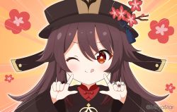 Rule 34 | 1girl, ;q, black hat, brown hair, brown jacket, commentary request, emphasis lines, floral background, flower, flower-shaped pupils, genshin impact, hands up, hat, hat flower, hu tao (genshin impact), jacket, jewelry, long hair, long sleeves, looking at viewer, mitya, one eye closed, red eyes, red flower, red shirt, ring, shirt, solo, symbol-shaped pupils, tongue, tongue out, twintails, twitter username, upper body, wide sleeves