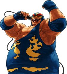 Rule 34 | 1boy, big belly, blue eyes, elbow pads, fang, fat, fat man, fatal fury, fingerless gloves, gloves, male focus, mask, microphone, muscular, official art, ogura eisuke, open mouth, raiden (snk), snk, solo, spandex, the king of fighters, the king of fighters xii, tongue, tongue out, transparent background, wrestling outfit