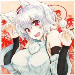 Rule 34 | 1girl, animal ears, bare shoulders, border, breasts, claw pose, colored pencil (medium), commentary request, crossed bangs, detached sleeves, exlay1, eyelashes, fangs, fingernails, hair between eyes, hands up, hat, inubashiri momiji, large breasts, layered clothes, leaf, leaf background, long sleeves, looking at viewer, maple leaf, messy hair, millipen (medium), no bra, open mouth, painting (medium), pom pom (clothes), red background, red eyes, shirt, short hair, sideboob, solo, tareme, teeth, texture, tokin hat, tongue, touhou, traditional media, turtleneck, upper body, watercolor (medium), white border, white hair, white shirt, wide sleeves, wolf ears