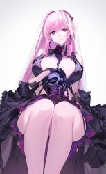 Rule 34 | 1girl, black dress, breasts, cleavage, dress, garter straps, headdress, highres, hololive, hololive english, large breasts, legs together, mori calliope, pink hair, red eyes, revealing clothes, sitting, skull, solo, virtual youtuber, yaguo
