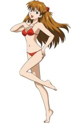 Rule 34 | 1girl, ass, ass grab, bare shoulders, bikini, blue eyes, breasts, brown hair, curvy, floating hair, grabbing own ass, hand on own chest, jumping, long hair, looking at viewer, medium breasts, micro bikini, navel, neon genesis evangelion, official art, open mouth, red bikini, simple background, smile, solo, souryuu asuka langley, standing, standing on one leg, stomach, swimsuit, thighs, thong, thong bikini, two side up, very long hair, white background, wide hips
