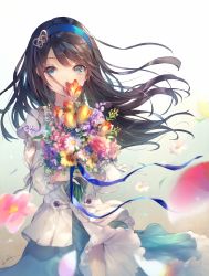 Rule 34 | 1girl, black hair, blue eyes, blurry, bouquet, butterfly hair ornament, colorful, commentary, covered mouth, cowboy shot, daisy, deecha, depth of field, eyelashes, flower, frilled skirt, frills, hair ornament, hairband, highres, long hair, looking at viewer, original, petals, ribbon, signature, skirt, solo, wind, wind lift