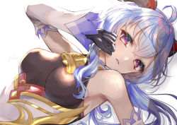Rule 34 | 1girl, ahoge, bare shoulders, bell, black gloves, blue hair, blush, breasts, covering face, detached sleeves, ganyu (genshin impact), genshin impact, gloves, horns, long hair, looking at viewer, lying, medium breasts, neck bell, on back, parted lips, purple eyes, rinmel9, sideboob, sidelocks, solo, upper body, white background, white sleeves