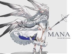 Rule 34 | 1girl, absurdres, angel, angel wings, artist name, black ribbon, chocolate (jitong), dress, english text, grey background, grey eyes, hair ornament, halo, high heels, highres, holding, holding weapon, long sleeves, original, ribbon, simple background, solo, standing, weapon, white dress, white footwear, white hair, white wings, wings
