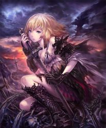 Rule 34 | 10s, 1girl, armor, armored boots, artist request, asymmetrical clothes, battlefield, blonde hair, blue eyes, boots, bracer, cloud, cloudy sky, cygames, dark jeanne, gloves, holding, holding sword, holding weapon, official art, shadowverse, shingeki no bahamut, skeleton, sky, sword, torn clothes, weapon