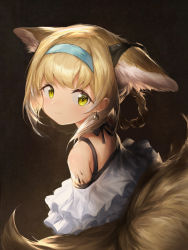 Rule 34 | 1girl, animal ears, arknights, bare shoulders, blonde hair, blush, closed mouth, commentary, earpiece, ears down, fox ears, fox girl, fox tail, green eyes, hairband, highres, jell (jell y fish), material growth, multiple tails, off shoulder, oripathy lesion (arknights), solo, suzuran (arknights), symbol-only commentary, tail