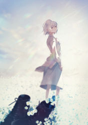 Rule 34 | 1girl, absurdres, black footwear, blue dress, blue sky, blurry, blurry background, blurry foreground, brown eyes, commentary request, day, depth of field, dress, field, flower, flower field, fujiwara mizuki, hair between eyes, hand up, highres, jacket, long sleeves, looking at viewer, looking back, open clothes, open jacket, original, outdoors, parted lips, short hair, sky, solo, white flower, white hair, white jacket