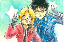 Rule 34 | 2boys, ahoge, arin (xiaolincat), automail, bad id, bad pixiv id, bespectacled, black eyes, black hair, blonde hair, braid, edward elric, fullmetal alchemist, glasses, gloves, height difference, jacket, long hair, looking at viewer, mechanical arms, military, military uniform, multiple boys, one eye closed, open mouth, prosthesis, robe, roy mustang, short hair, single mechanical arm, smile, star (symbol), traditional media, uniform, v, yellow eyes