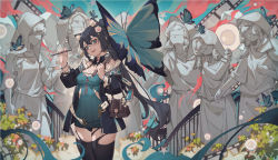 Rule 34 | 1girl, absurdres, animal ears, bag, black hair, black panties, black thighhighs, blue eyes, breasts, bug, butterfly, cat ears, cat girl, cleavage, dress, green dress, hammer, handbag, hands up, highres, holding, holding hammer, insect, long hair, looking at viewer, medium breasts, open mouth, original, panties, paw hair ornament, ponytail, solo, standing, statue, thighhighs, underwear, yuk233
