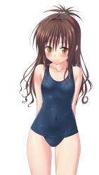 Rule 34 | 1girl, blush, brown hair, female focus, highres, long hair, navel, one-piece swimsuit, school swimsuit, simple background, smile, solo, swimsuit, tagme, to love-ru, yuuki mikan