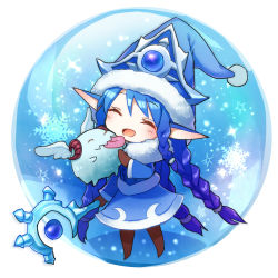 Rule 34 | 1girl, :p, ^ ^, bad id, bad pixiv id, blue hair, braid, chibi, closed eyes, gloves, hamamo, hat, horns, league of legends, licking, long hair, lowres, lulu (league of legends), open mouth, pointy ears, poro (league of legends), snow, snowflakes, snowing, solo, staff, tongue, tongue out, wings, yordle