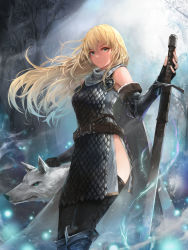 Rule 34 | 1girl, absurdres, armor, armored boots, belt, black thighhighs, blonde hair, boots, cape, closed mouth, crystalherb, fingerless gloves, floating hair, from below, gloves, green eyes, hair between eyes, highres, long hair, looking at viewer, original, outdoors, planted, planted sword, planted weapon, serious, solo, standing, sword, thighhighs, tree, vambraces, weapon, wolf