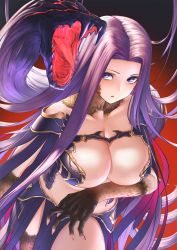 Rule 34 | 1girl, breasts, claws, covered erect nipples, fate/grand order, fate (series), forehead, gorgon (fate), gradient hair, highres, itaco, large breasts, long hair, looking at viewer, medusa (fate), medusa (rider) (fate), multicolored hair, open mouth, parted bangs, parted lips, purple eyes, purple hair, rider, scales, slit pupils, snake, tongue, tongue out, very long hair
