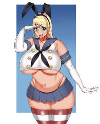Rule 34 | 10s, 1girl, alternate breast size, animal ears, bare shoulders, blaccura, blonde hair, blue background, blue eyes, breasts, cosplay, earrings, elbow gloves, fake animal ears, gloves, gradient background, hairband, highleg, highleg panties, highres, huge breasts, jewelry, kantai collection, long hair, looking at viewer, microskirt, midriff, navel, navel piercing, open mouth, panties, piercing, pleated skirt, plump, rabbit ears, sailor, sailor collar, shimakaze (kancolle), shimakaze (kancolle) (cosplay), simple background, skindentation, skirt, smile, solo, striped clothes, striped thighhighs, thick thighs, thighhighs, thighs, thong, tongue, tongue piercing, underboob, underwear, wide hips