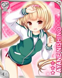 Rule 34 | 1girl, alternate costume, blonde hair, blouse, buruma, card, character name, clenched hand, girlfriend (kari), green jacket, headband, jacket, nishino ayane, official art, open mouth, pink background, qp:flapper, raised arm, red eyes, school uniform, shirt, standing, tagme, twintails, white shirt, worried