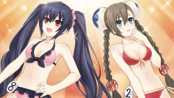 Rule 34 | bare shoulders, bikini, black hair, braid, breasts, brown hair, cleavage, flustered, happy, highres, long hair, medium breasts, navel, neptune (series), nervous, noire (neptunia), official art, open mouth, rii fai, scrunchy, shy, swimsuit, thighs, tsunako, tsundere, twintails