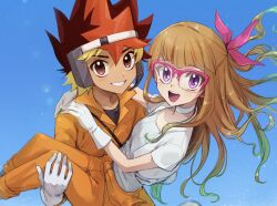 Rule 34 | 1boy, 1girl, blue background, brother and sister, brown hair, carrying, glass, gloves, hair ribbon, highres, jumpsuit, kanidevice, looking at viewer, multicolored hair, ohdo yuamu, ohdo yuhi, open mouth, orange jumpsuit, princess carry, purple eyes, red-framed eyewear, red eyes, ribbon, siblings, smile, twins, two-tone hair, white gloves, yu-gi-oh!, yu-gi-oh! go rush!!