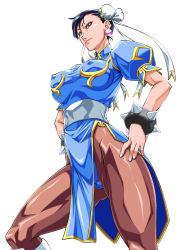Rule 34 | 1girl, blue dress, bracelet, breasts, brown eyes, brown hair, brown pantyhose, bun cover, cameltoe, capcom, china dress, chinese clothes, chun-li, cleft of venus, covered erect nipples, cowboy shot, double bun, dress, earrings, eyeshadow, from below, hair bun, ikumo taisuke, jewelry, large breasts, looking at viewer, makeup, pantyhose, pelvic curtain, puffy short sleeves, puffy sleeves, sash, short sleeves, side slit, simple background, solo, spiked bracelet, spikes, street fighter, thick thighs, thighs, white background