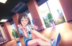 Rule 34 | 10s, 1girl, ^ ^, artist request, black hair, blush, bottle, closed eyes, glasses, gym shorts, idolmaster, idolmaster cinderella girls, idolmaster cinderella girls starlight stage, kamijo haruna, legs, official art, open mouth, pink-framed eyewear, plant, shoes, short hair, shorts, sitting, smile, sneakers, solo, sweat, towel, water bottle, wooden floor