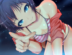 Rule 34 | 1girl, bad id, bad pixiv id, bare shoulders, bikini, blue eyes, blue hair, collarbone, dutch angle, kasai shin, leaning forward, looking at viewer, matching hair/eyes, night, night sky, off shoulder, original, pointing, pointing at viewer, short hair, sky, smile, solo, star (sky), striped bikini, striped clothes, swimsuit, tan, tanline, wet